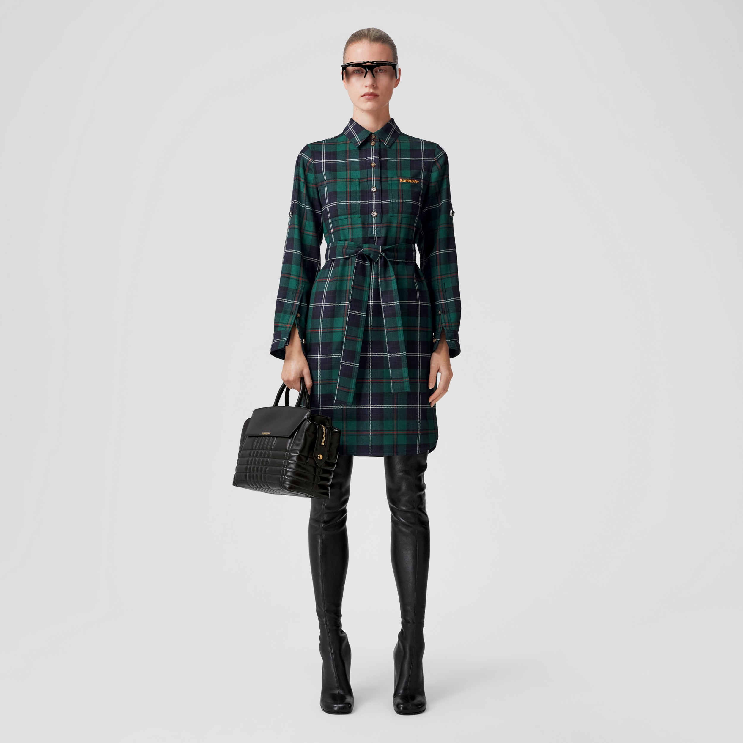 Exaggerated Check Wool Tie-waist Shirt Dress in Dark Viridian Green - Women | Burberry® Official - 1
