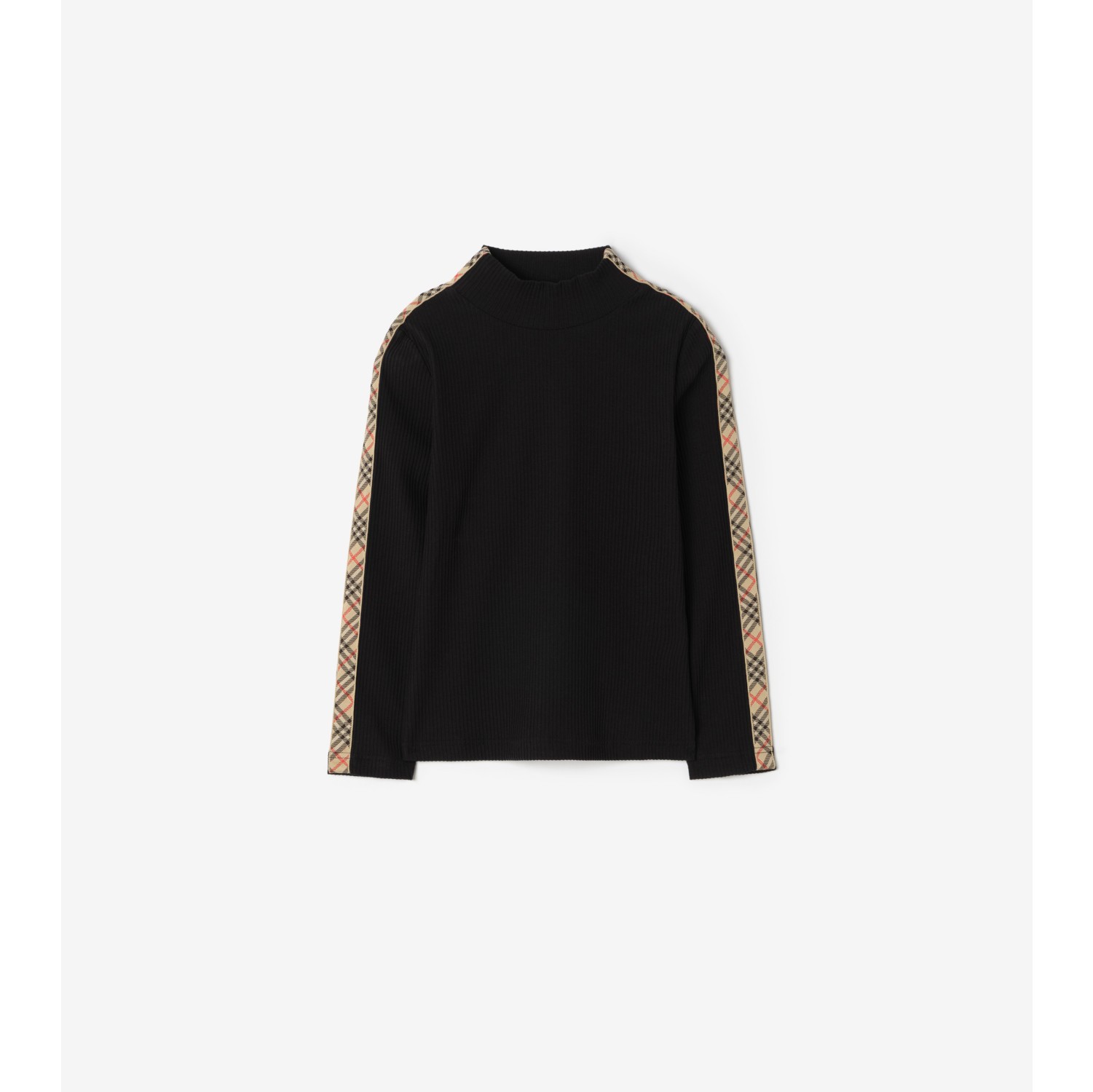 Long-sleeve Check Trim Cotton Top
