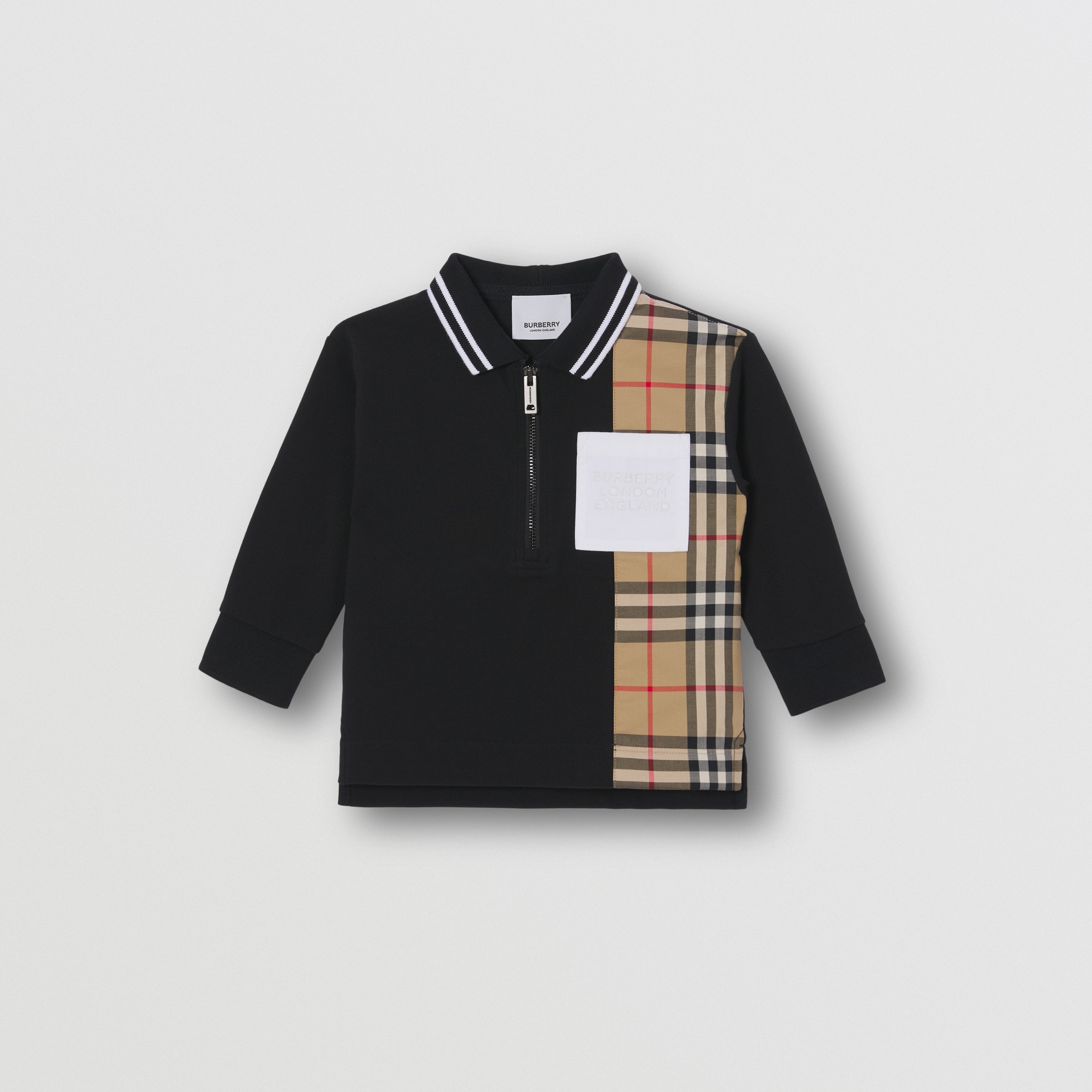 Long-sleeve Vintage Check Panel Cotton Polo Shirt in Black | Burberry® Official - 1