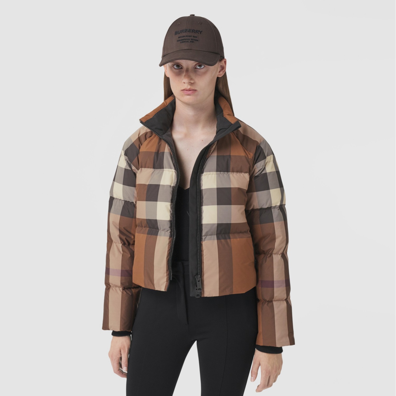 Check Cropped Puffer Jacket in Dark birch brown - Women, Nylon ...