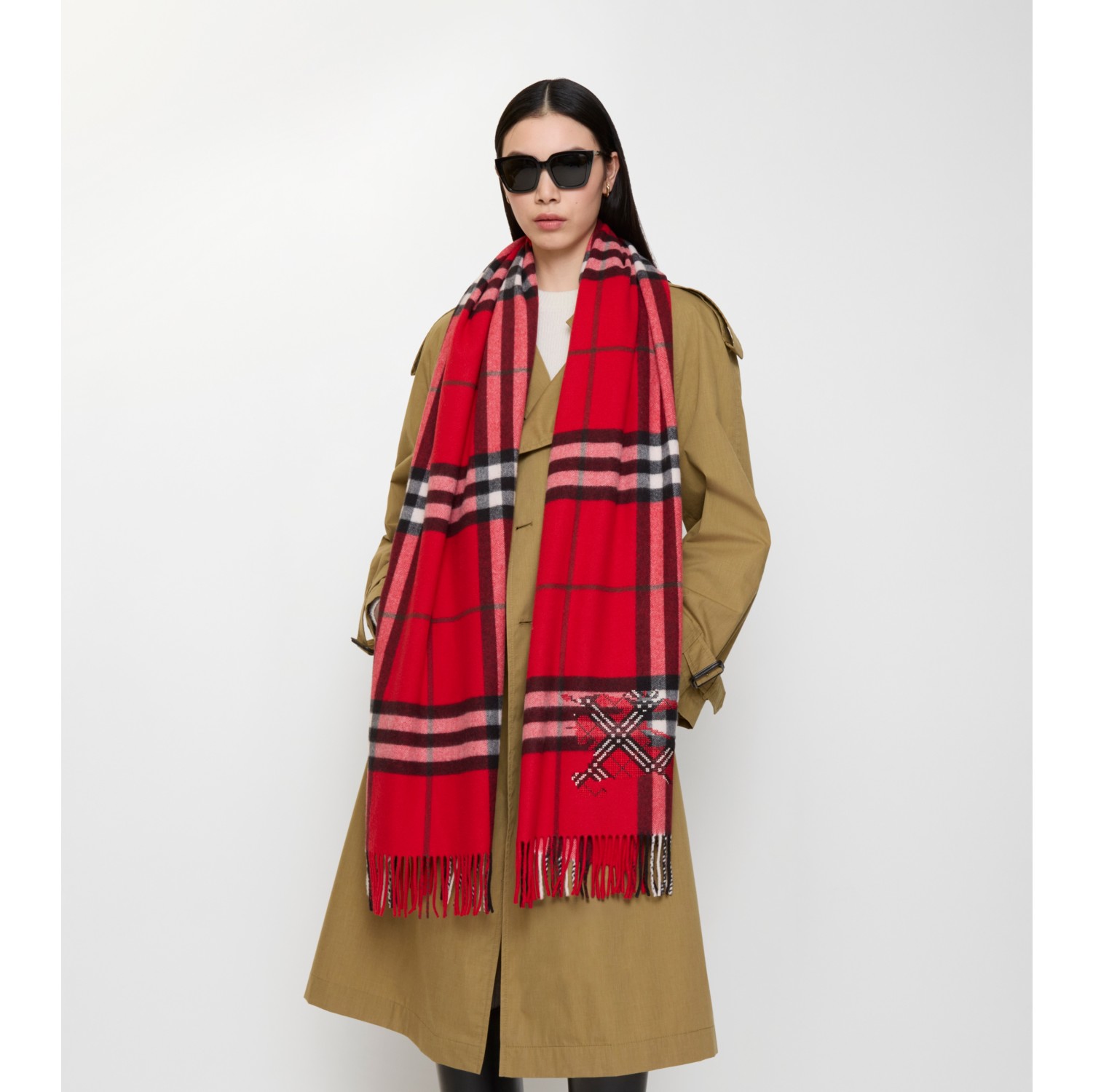 Wide Cross Stitch EKD Check Cashmere Scarf in Post red | Burberry® Official