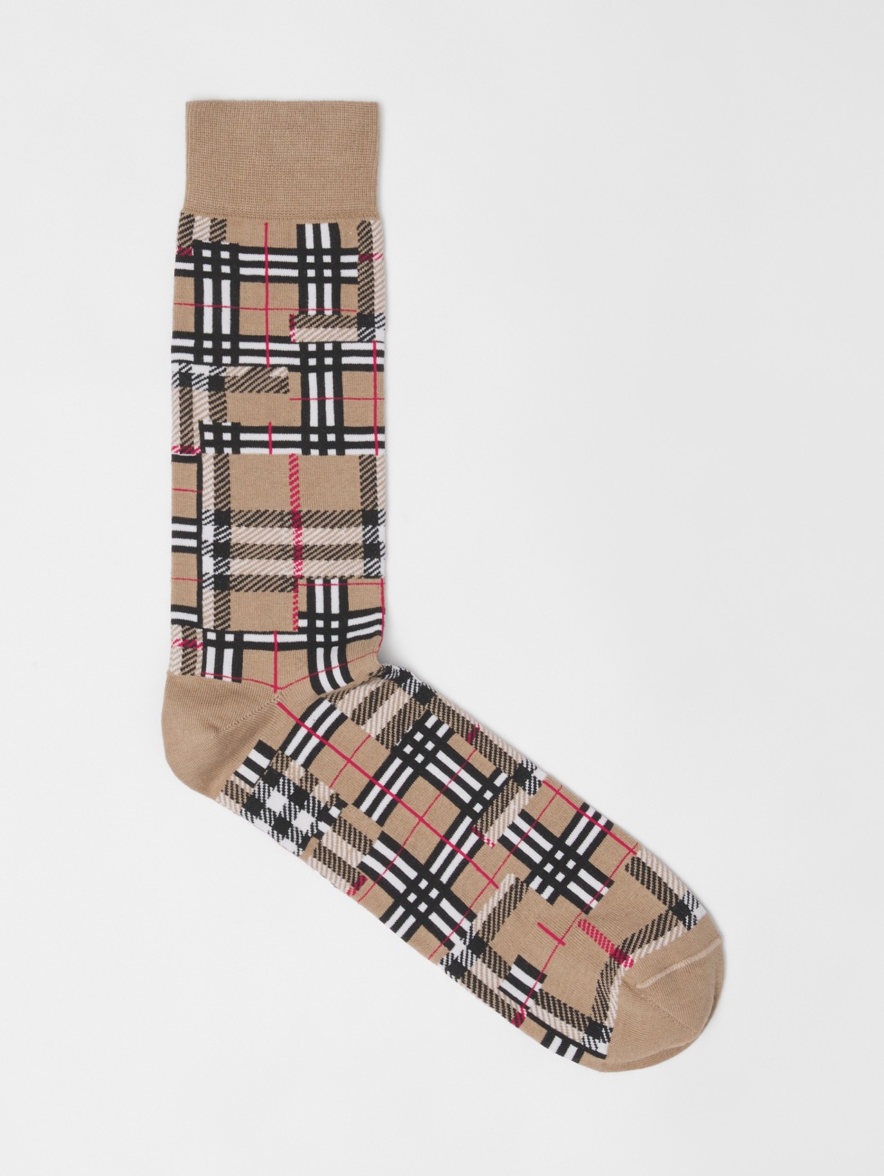 Patchwork Check Cotton Cashmere Blend Socks in Archive Beige