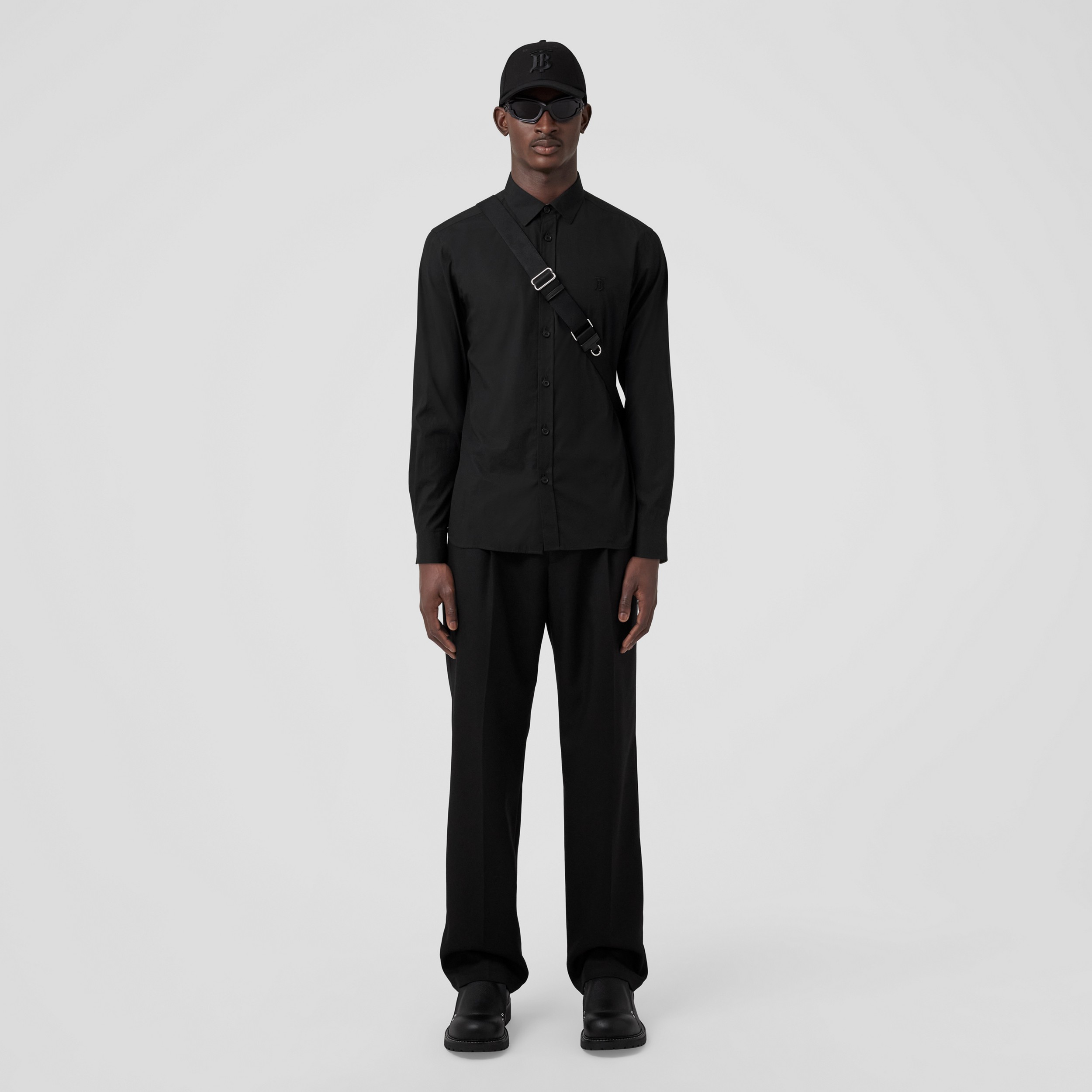 Slim Fit Monogram Motif Stretch Cotton Poplin Shirt in Black | Burberry®  Official