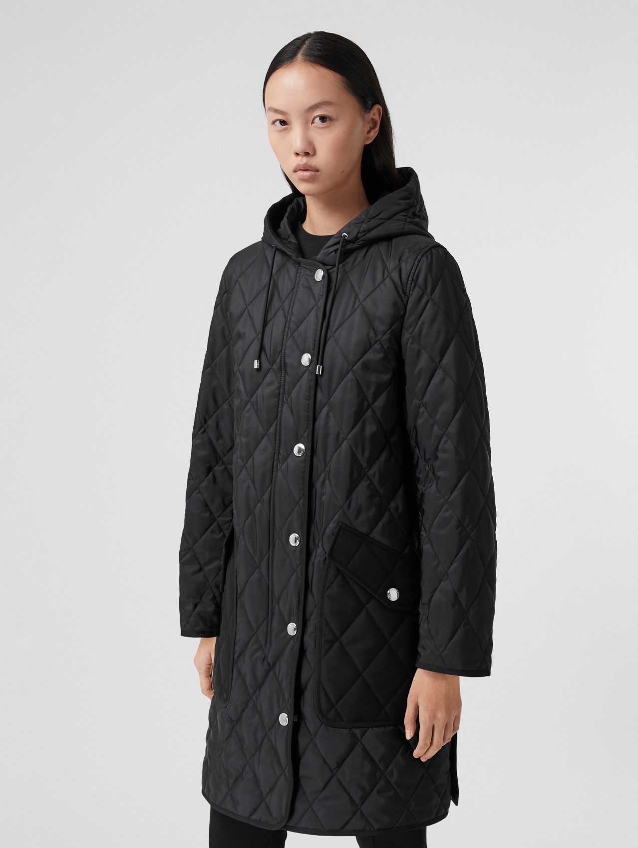 Diamond Quilted Thermoregulated Hooded Coat in Black