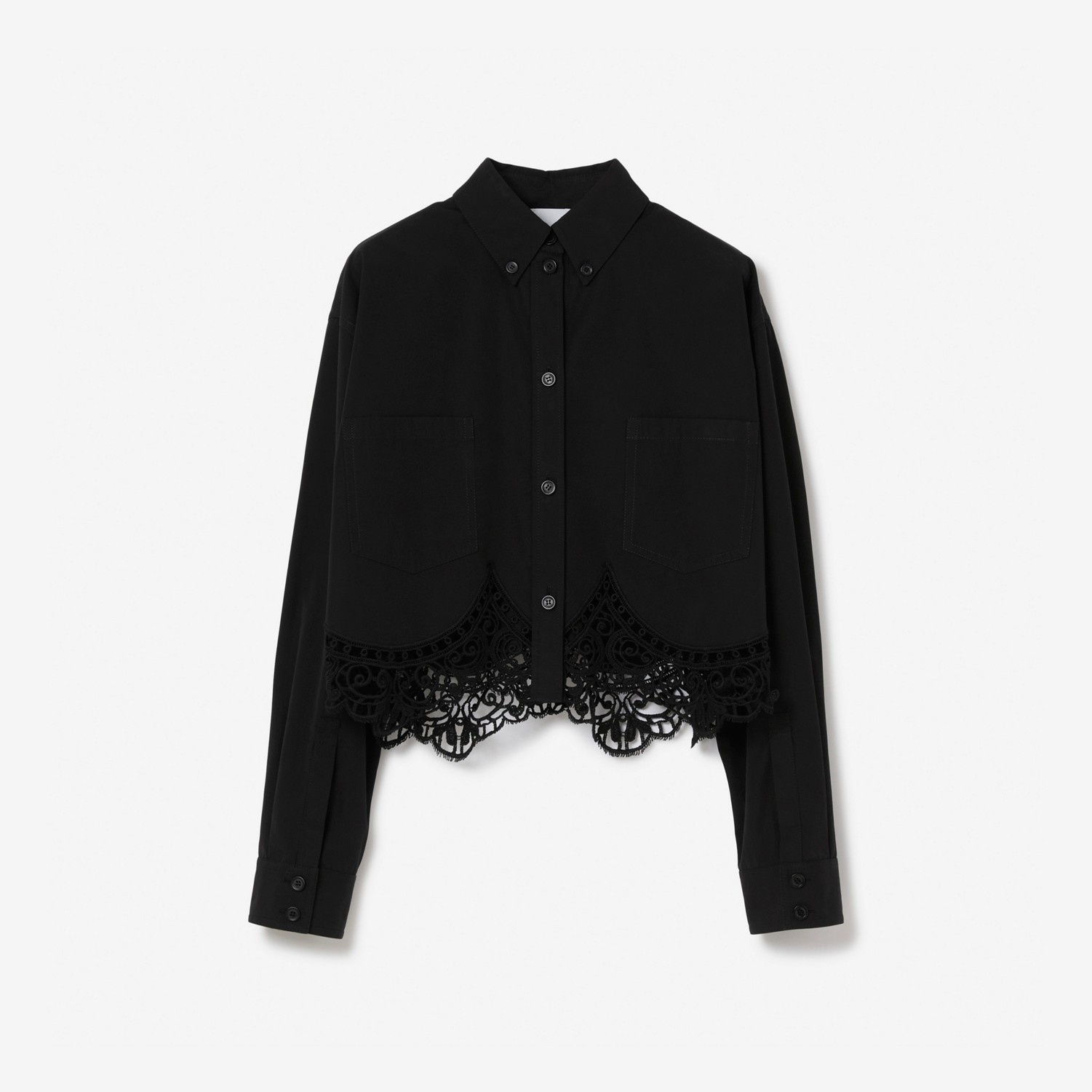 Macramé Lace Hem Cotton Cropped Shirt in Black - Women | Burberry® Official