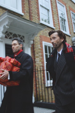 David Tenant wearing Burberry Check Cashmere Scarf for the Burberry 2024 Festive Campaign