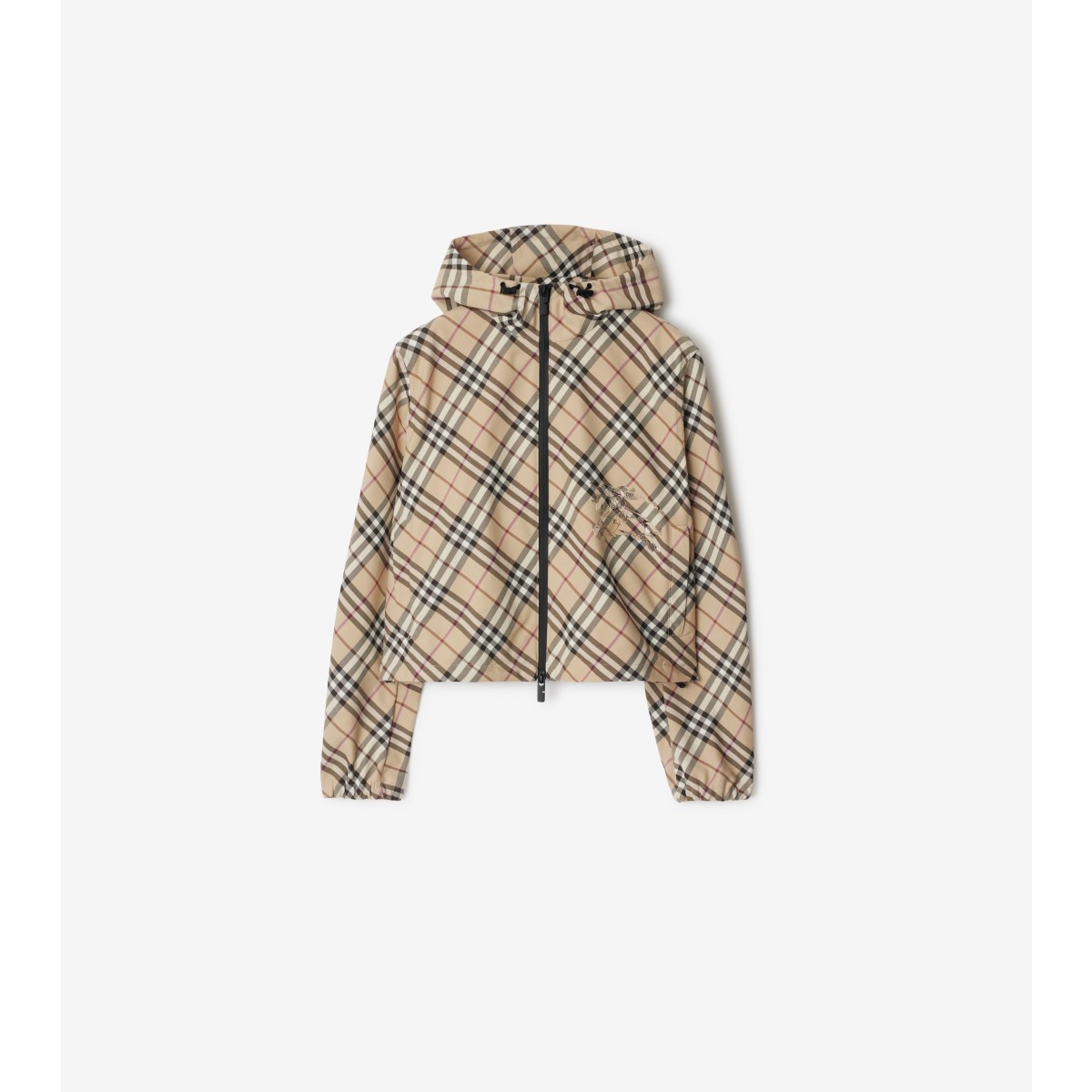 Burberry Cropped Hooded Jacket With Classic Plaid Pattern In Alabaster
