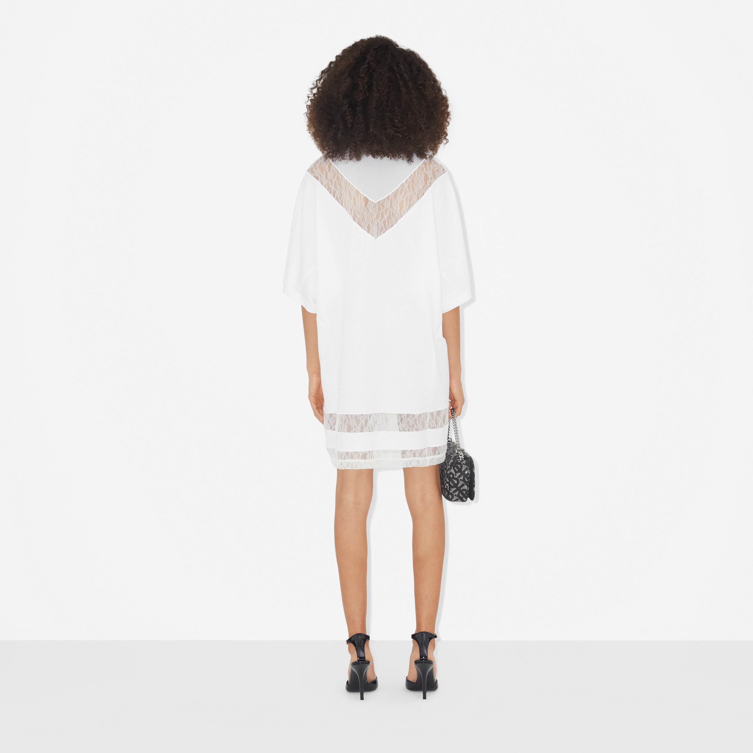 Lace Panel Cotton Piqué Polo Shirt Dress in Optic White - Women | Burberry® Official - 4