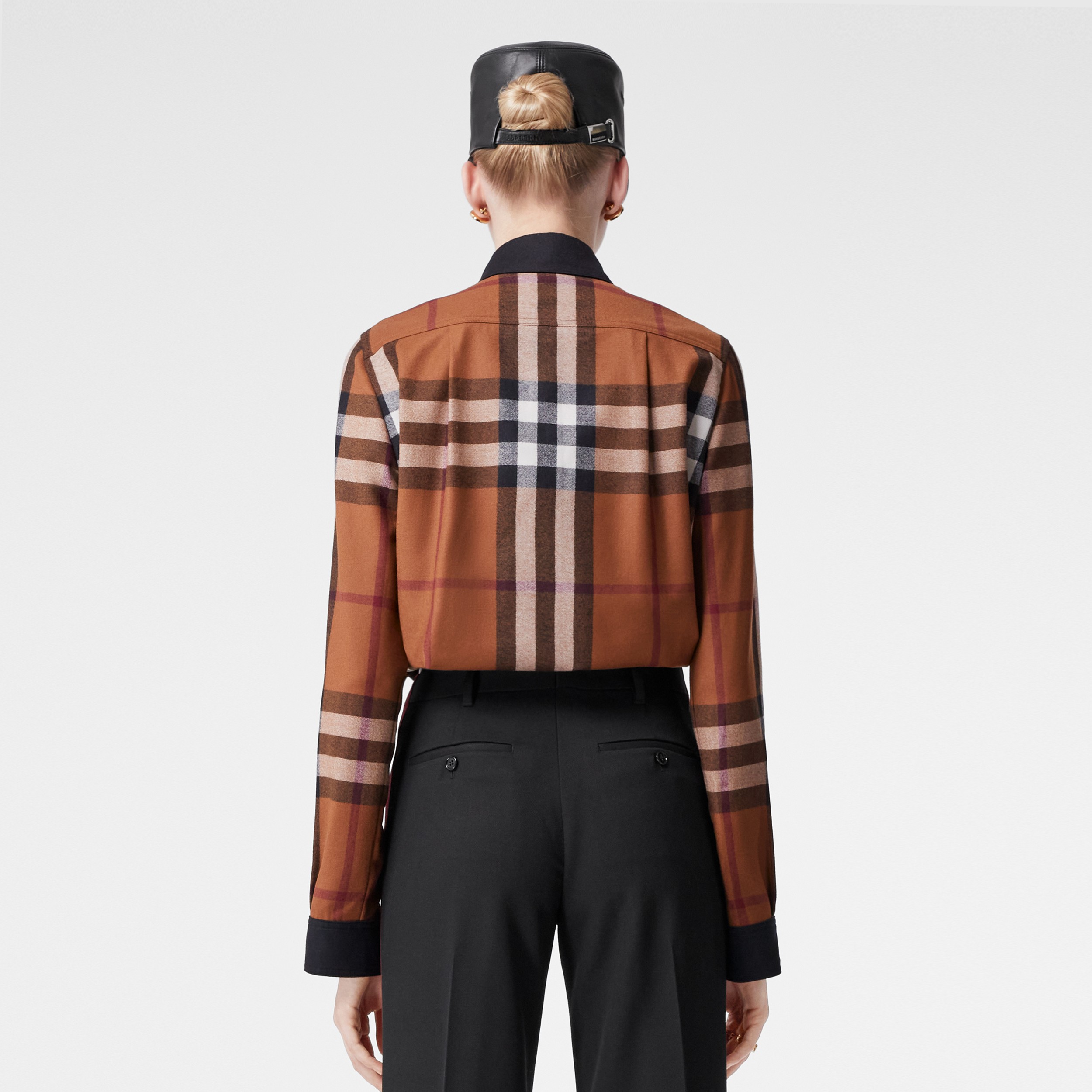 Contrast Trim Exaggerated Check Wool Shirt in Dark Birch Brown - Women | Burberry® Official - 3