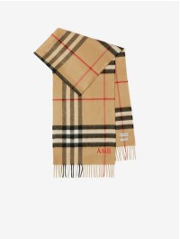 Check Cashmere Scarf in colour Sand with Personalised Initials in Red