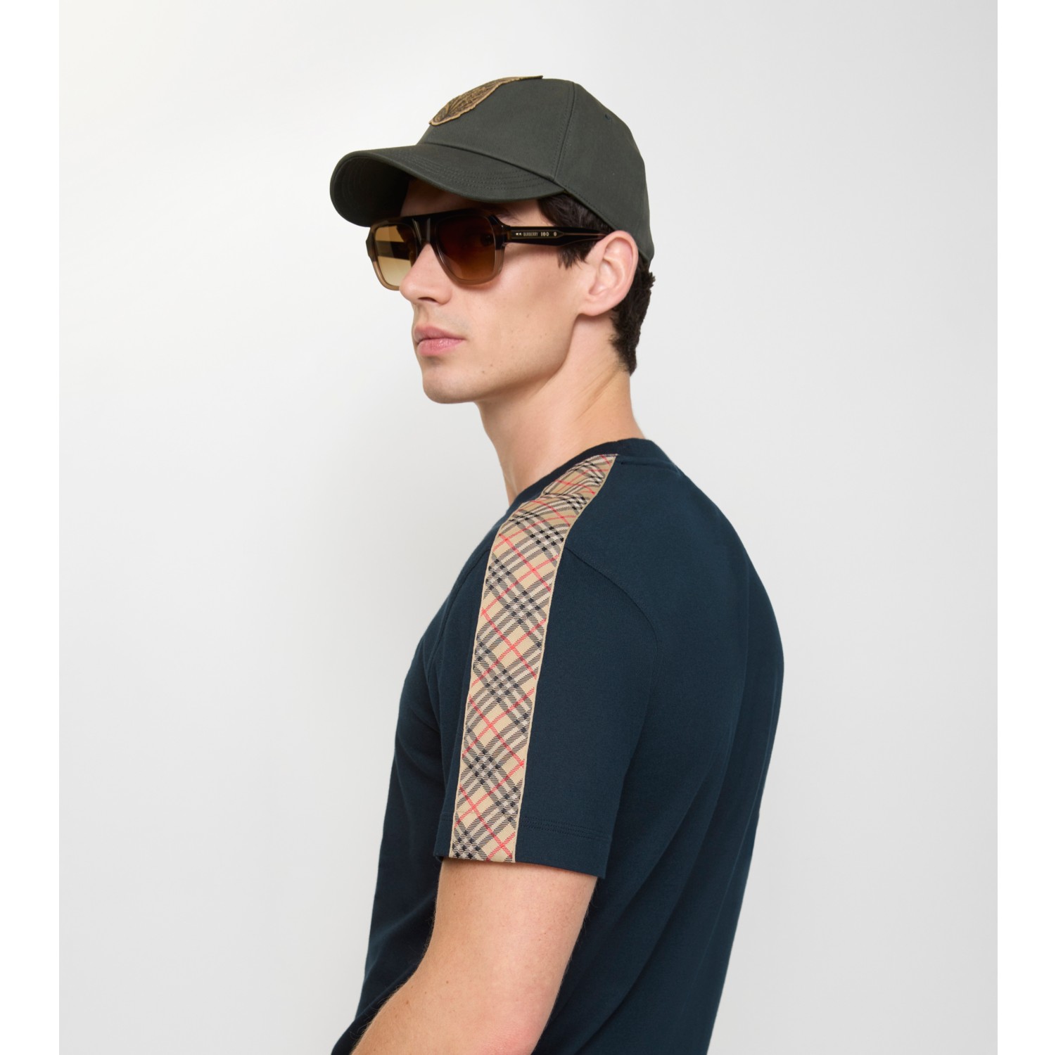 Check Trim Cotton T-shirt in Navy - Men | Burberry® Official