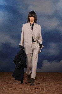 Burberry SS26 Show model Yoko wearing a Wool mohair double-breasted tailored jacket and Wool mohair tailored trousers