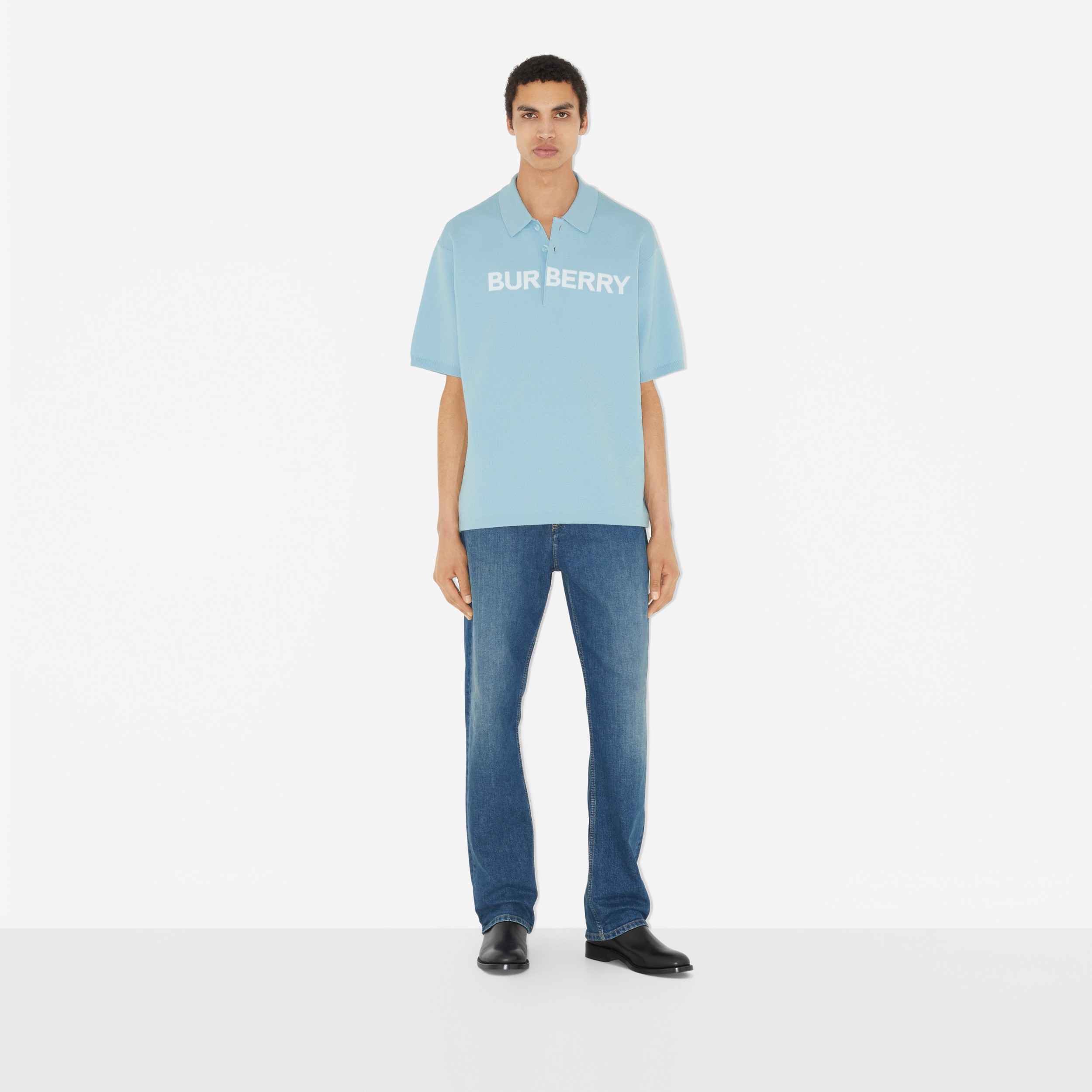 Camisa polo de algodão e lã com detalhe de logotipo (Azul Ovo  Pato) - Homens | Burberry® oficial - 2