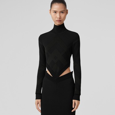Burberry Chevron Check Jacquard Turtleneck Top In Black