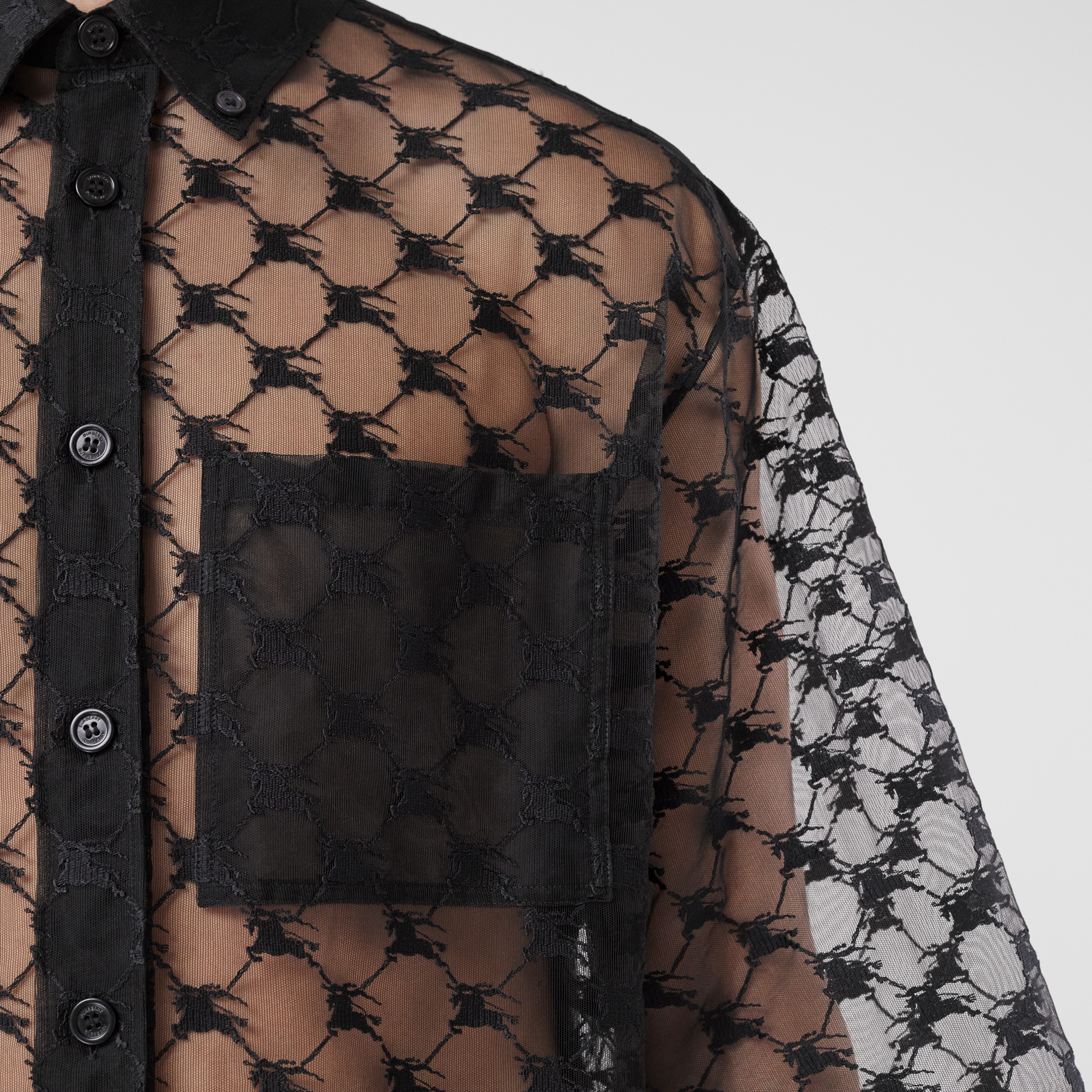 Chemise à manches courtes en dentelle stretch avec emblème du Cavalier (Noir) - Homme | Site officiel Burberry® - 2