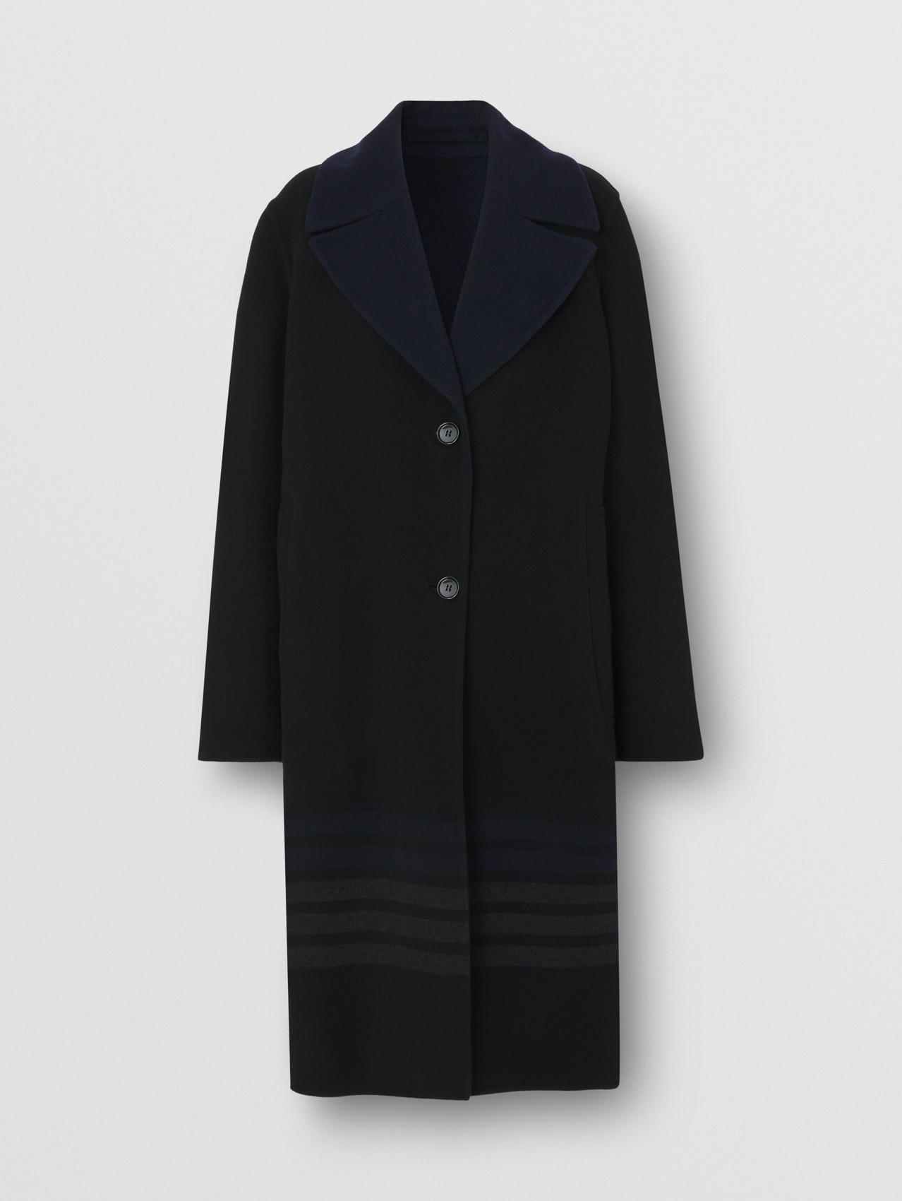 Striped Wool Cashmere Tailored Coat in Navy Black