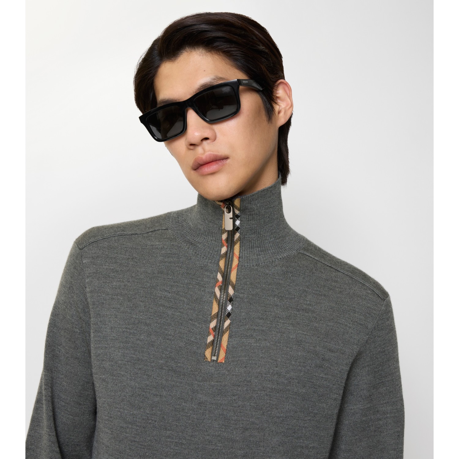 Check Trim Wool Half-zip Sweater - thumbnail 3