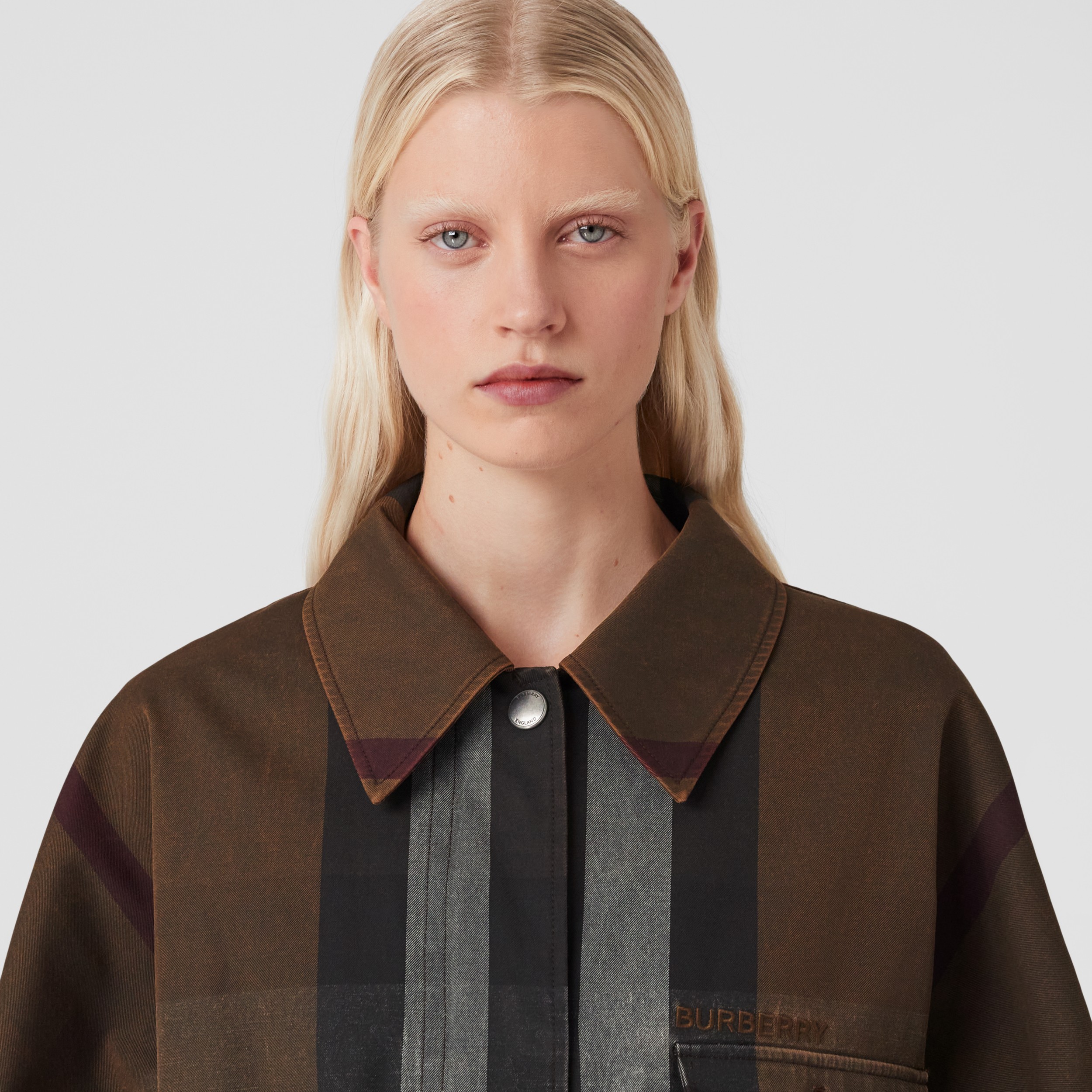 Check Cotton Blend Field Jacket in Dark Birch Brown Women Burberry