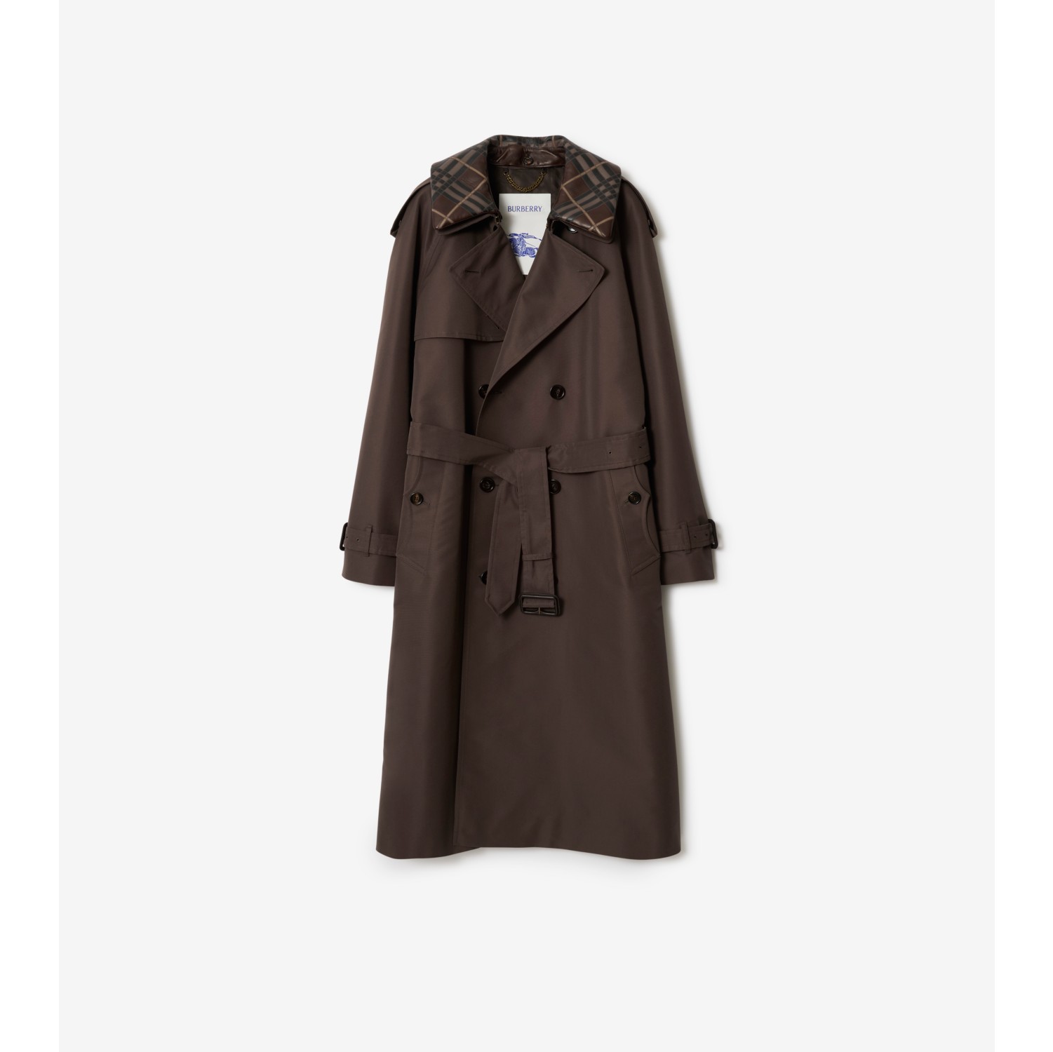 Long Check Collar Silk Cotton Trench Coat