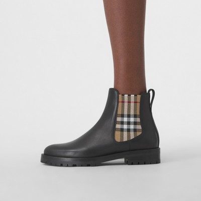 Vintage Check Detail Leather Chelsea Boots in Black - Women 