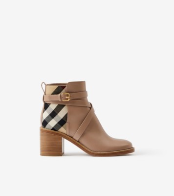 House Check and Leather Ankle Boots in Wheat - Women | Burberry® Official