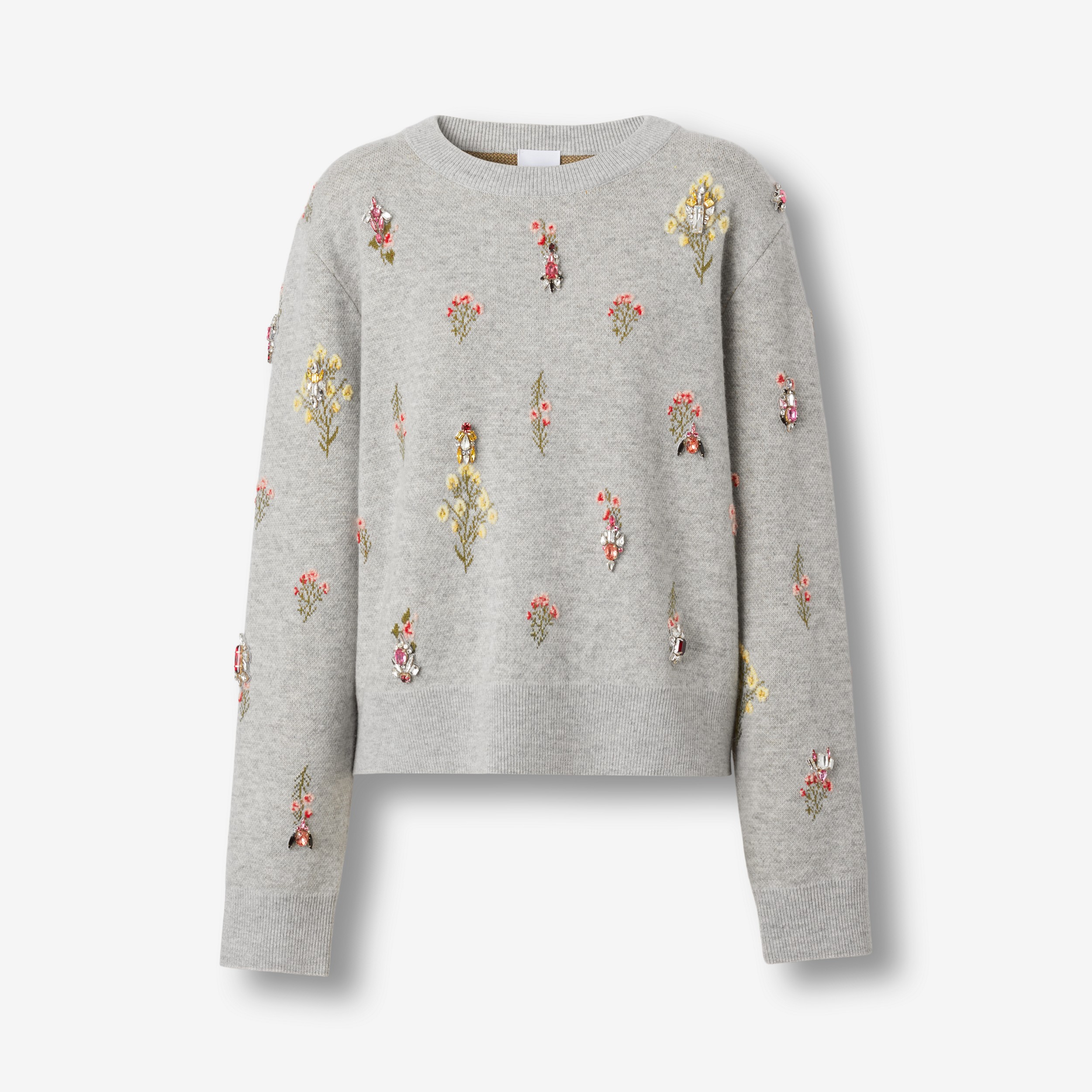 Suéter de lã com estampa floral e cristais bordados (Cinza Pergaminho) - Mulheres | Burberry® oficial - 1