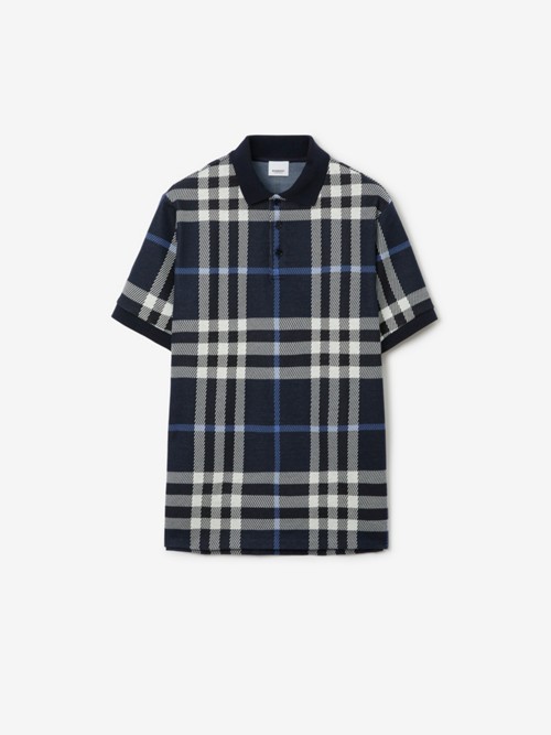 Burberry Check Cotton Polo Shirt In Blue