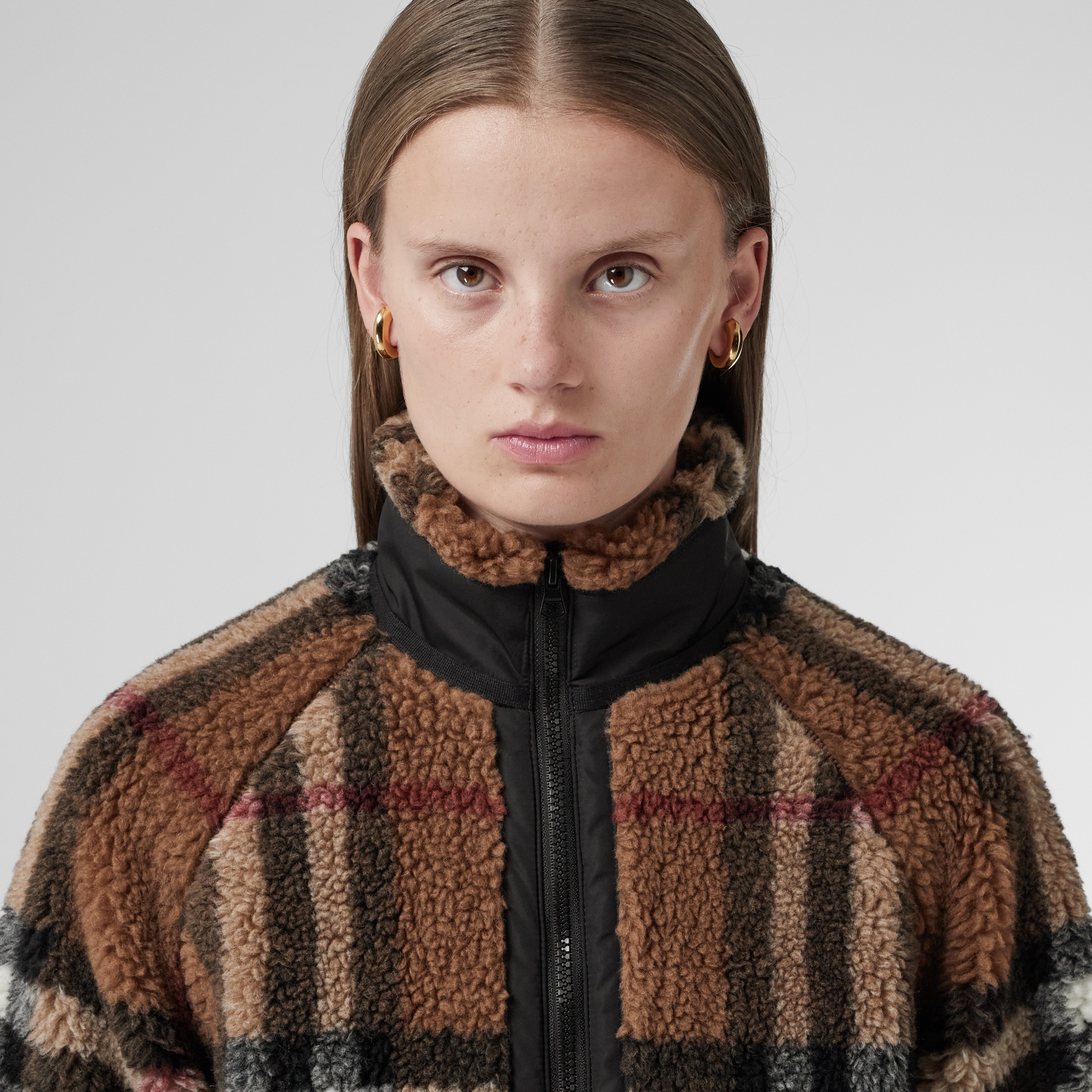 Check Wool Cashmere Blend Fleece Jacket in Birch Brown - Women | Burberry® Official - 2