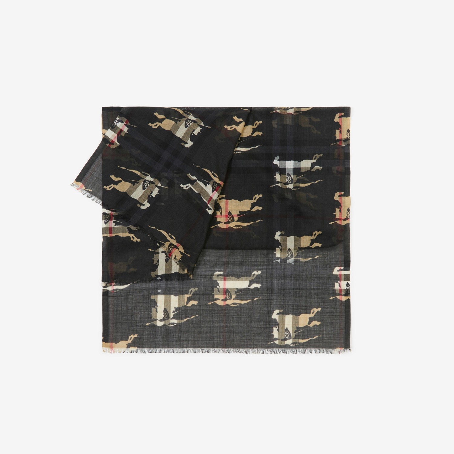 格纹拼马术骑士徽标丝毛混纺围巾 (典藏米色 / 黑色) | Burberry® 博柏利官网