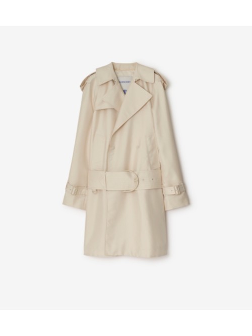 Shop Burberry Mid-length Silk Blend Trench Coat In Grain
