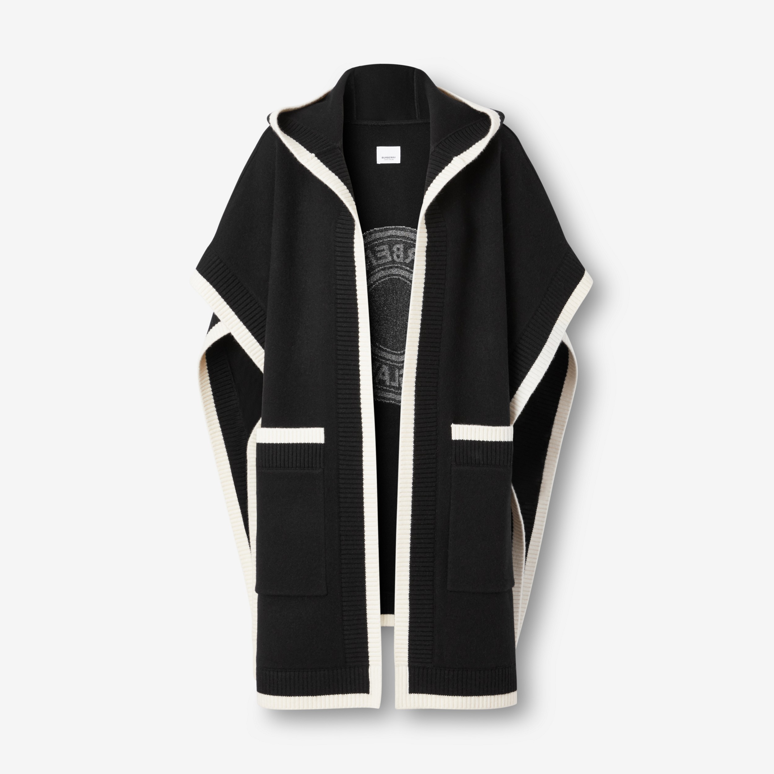 Logo Graphic Wool Cashmere Jacquard Hooded Cape in Black | Burberry® Official - 1