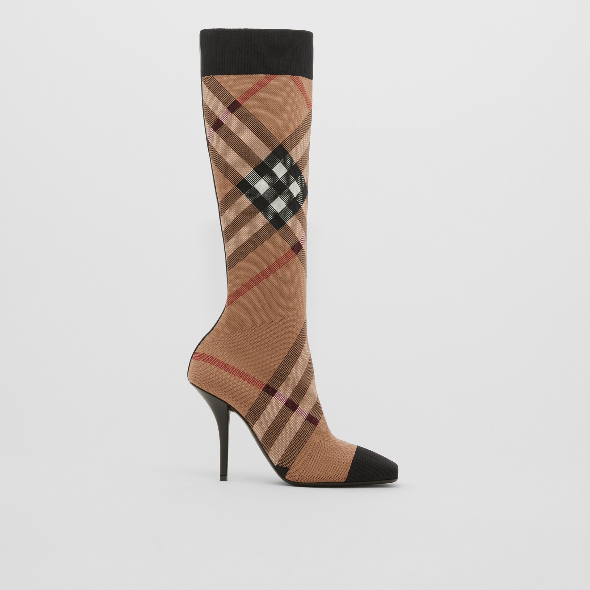 Knitted Check Sock Boots in Birch Brown - Women | Burberry® Official - 1