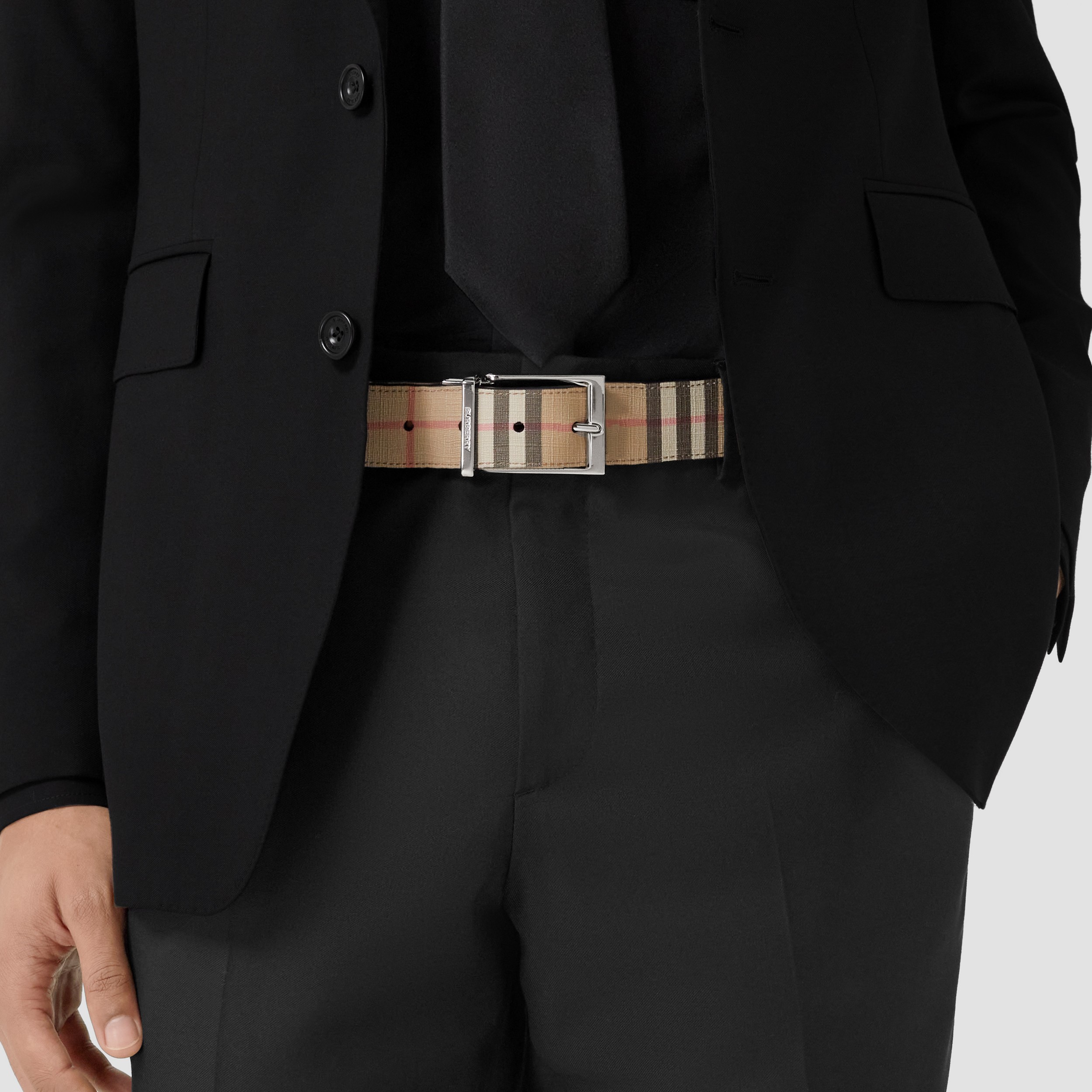 Check and Leather Reversible Belt in Archive Beige/black - Men | Burberry® Official - 3