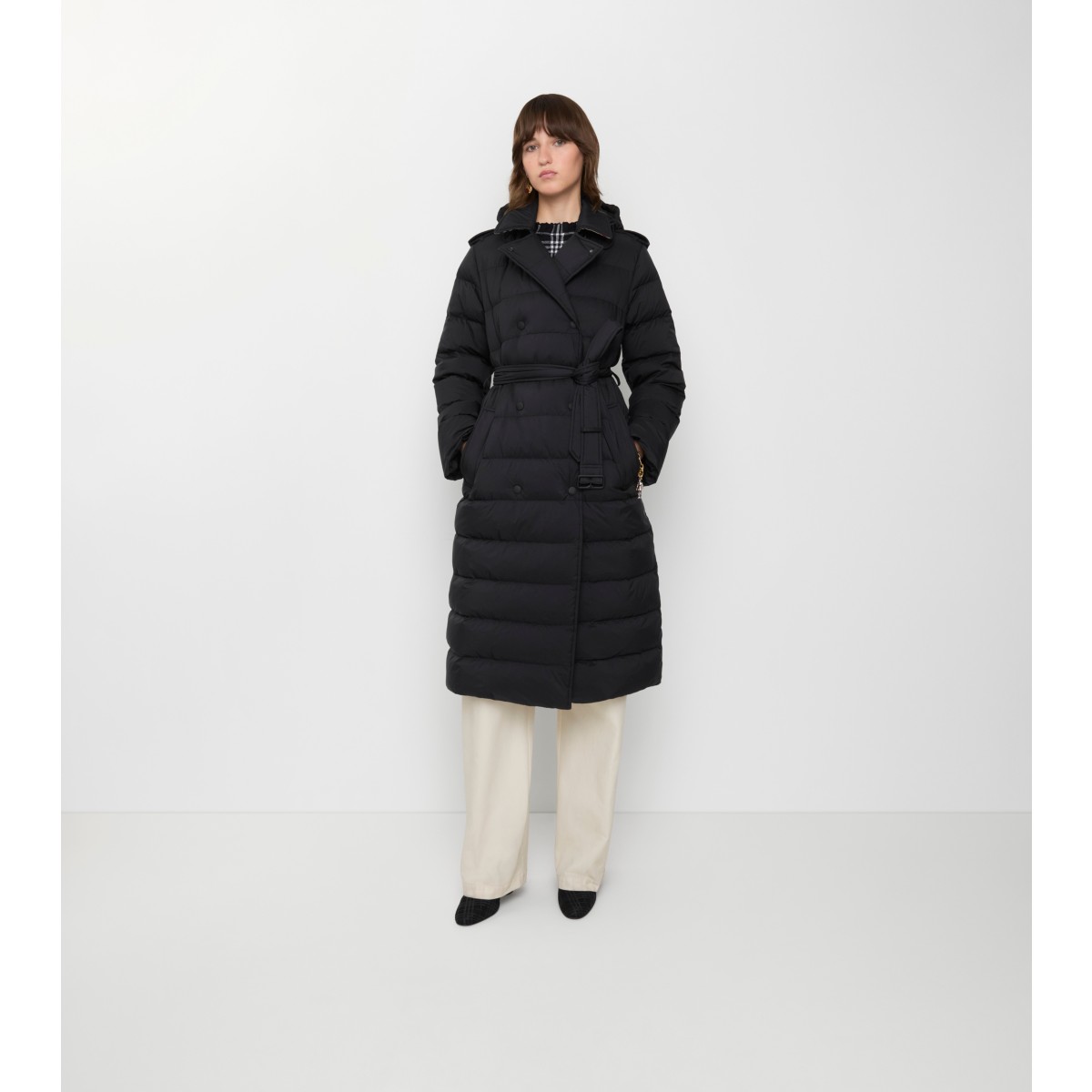  Check Long Nylon Hooded Puffer Coat