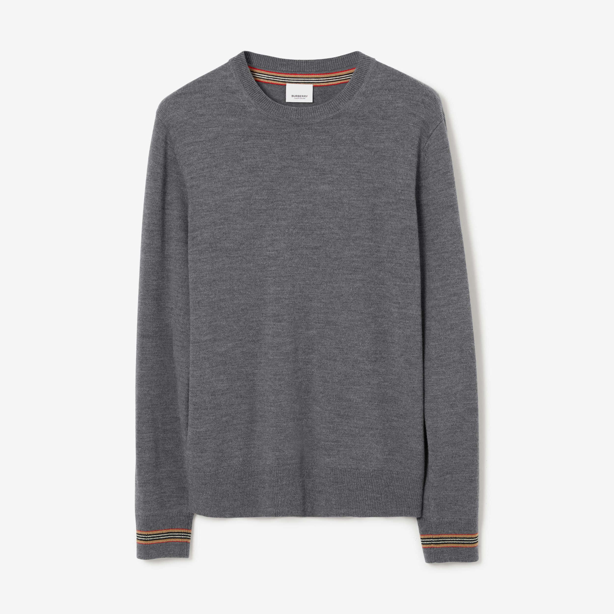 Icon Stripe Trim Wool Sweater in Mid Grey Melange - Men | Burberry® Official - 1