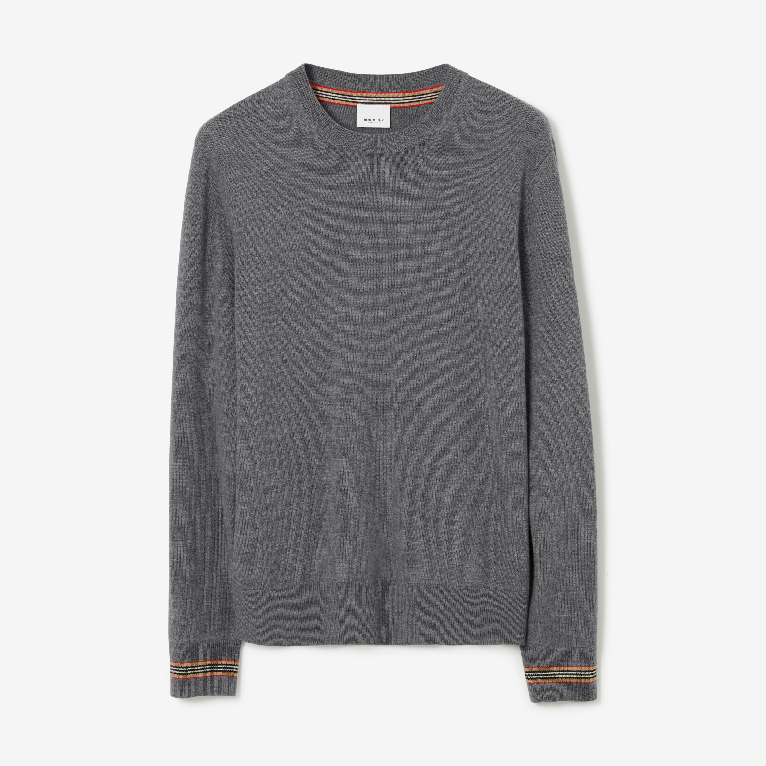 Icon Stripe Trim Wool Sweater in Mid Grey Melange - Men | Burberry® Official