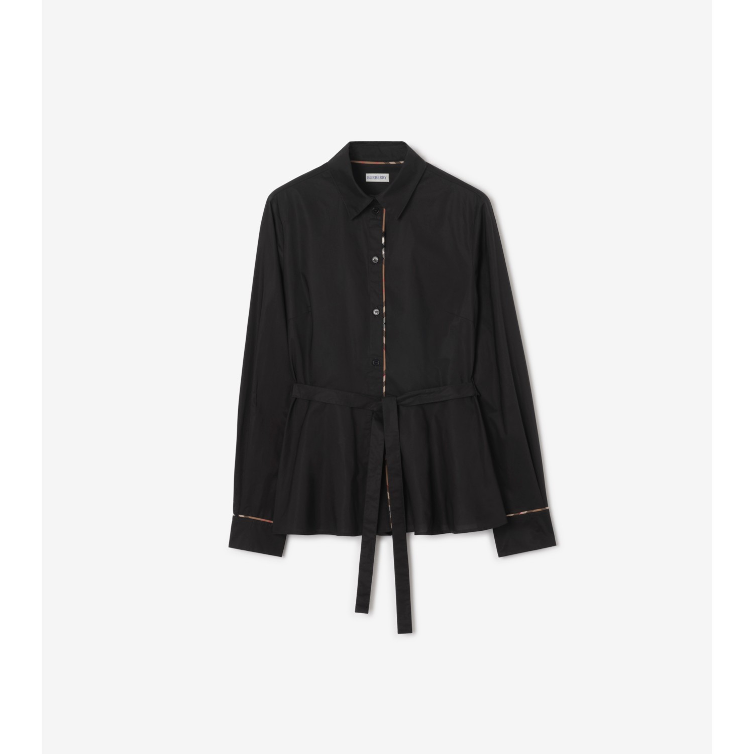 Belted Check Trim Cotton Shirt