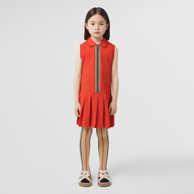 버버리 걸즈 원피스 Burberry Icon Stripe Detail Cotton Zip-front Polo Dress,Vermilion Red