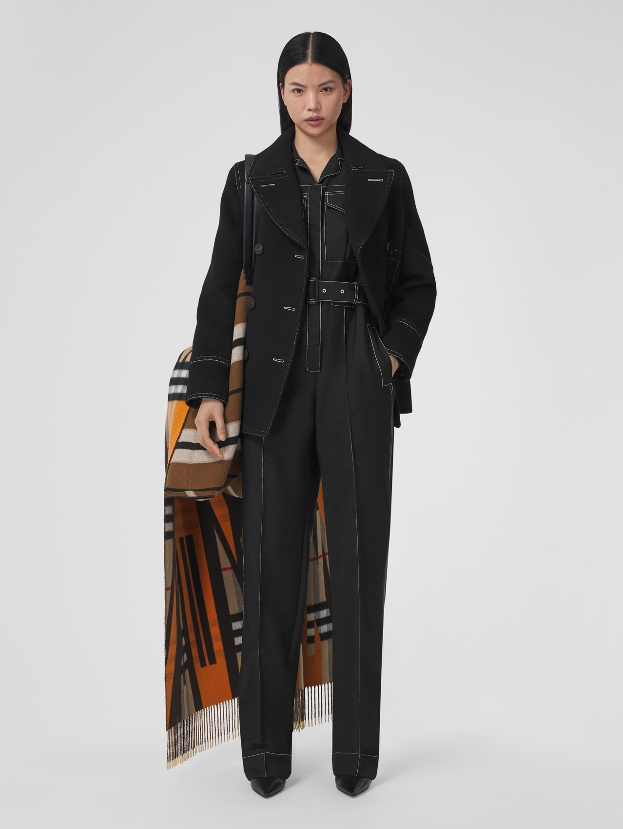 Topstitched Wool Cashmere Pea Coat in Black