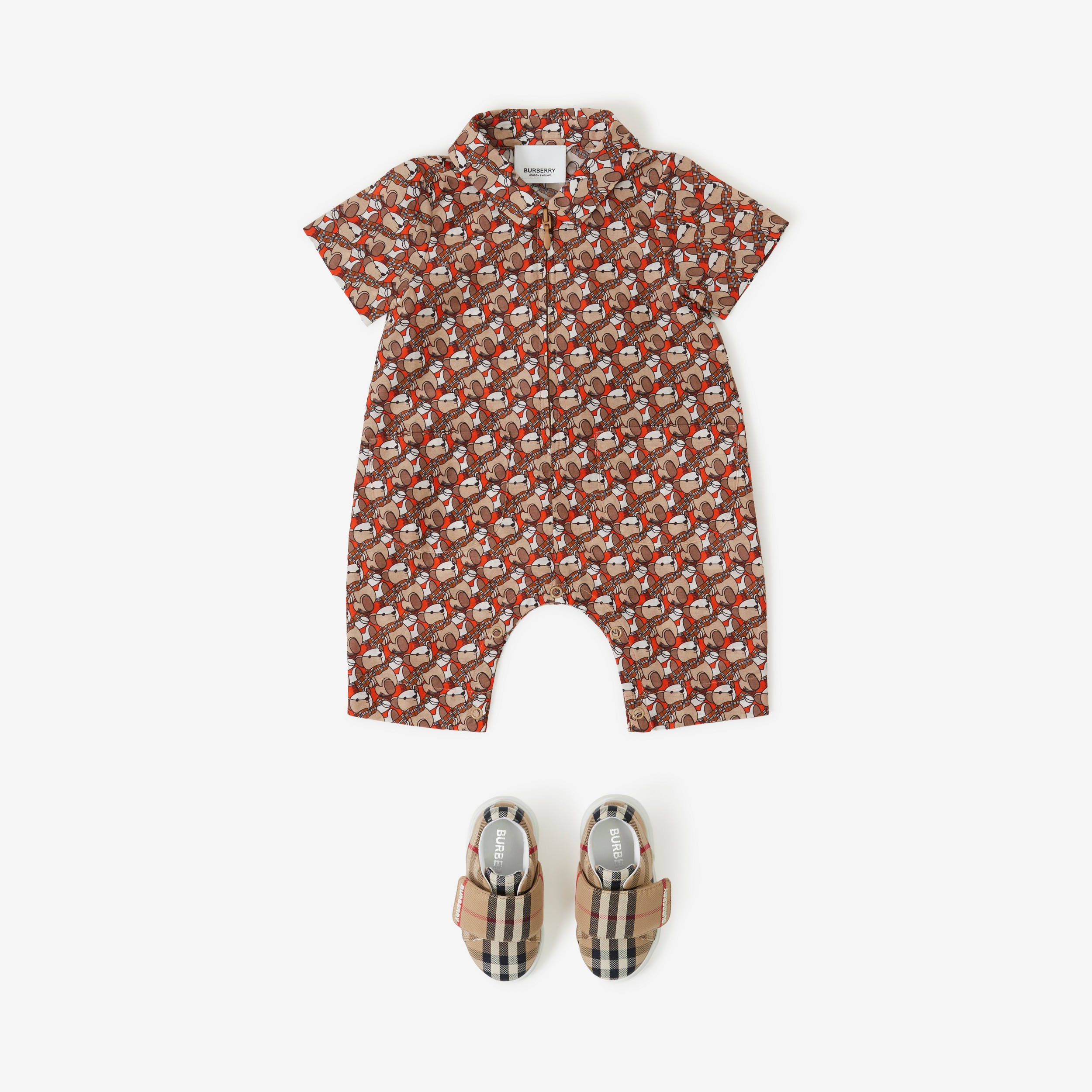 Thomas Bear Print Cotton Silk Playsuit in Scarlet Orange - Children | Burberry® Official - 3