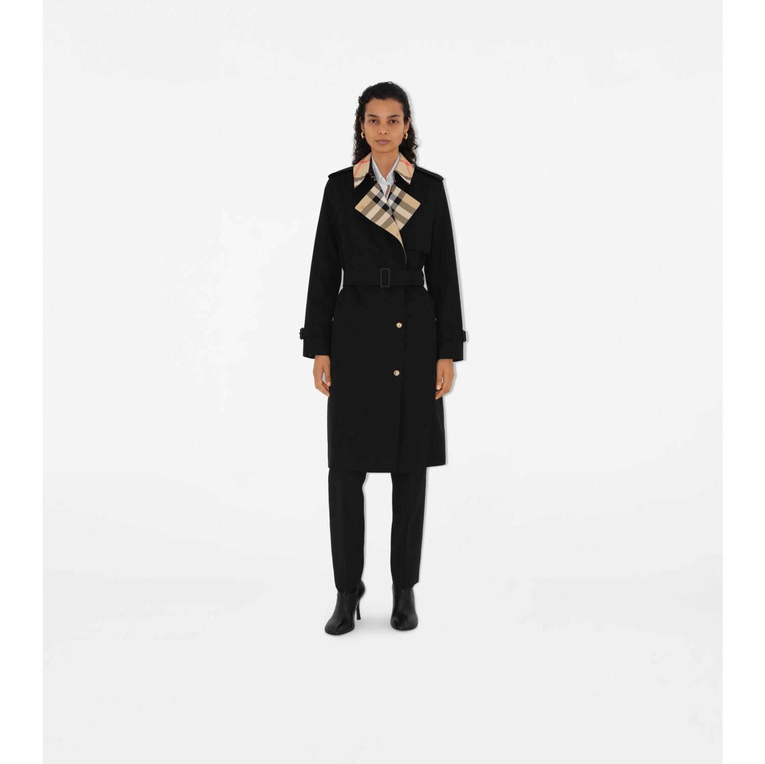 Long Check Collar Gabardine Trench Coat