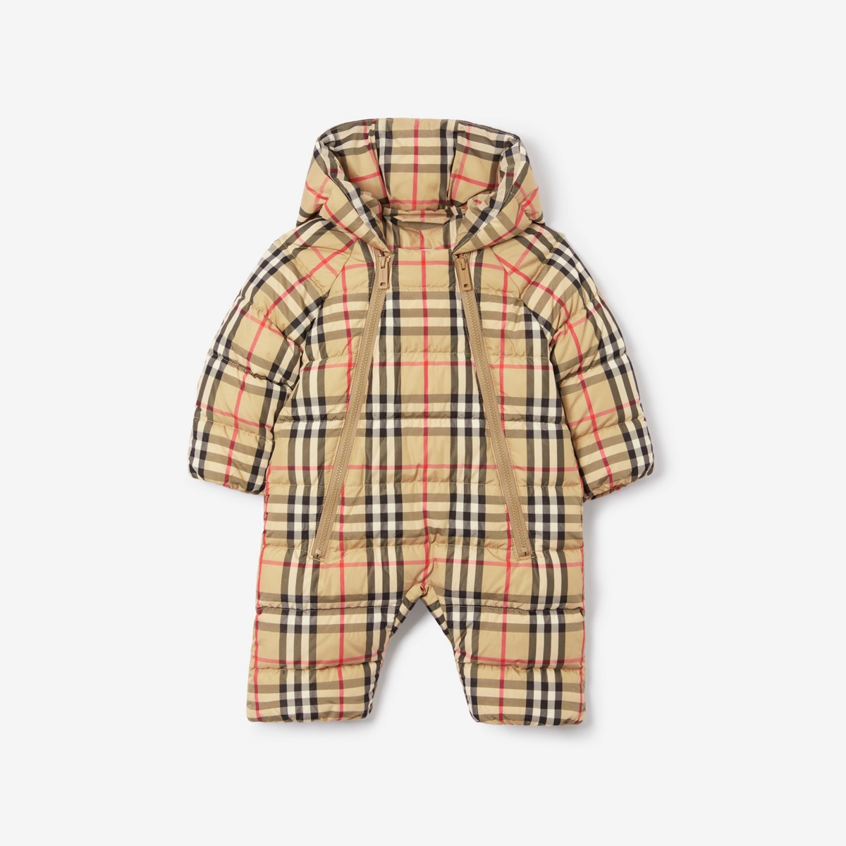 Burberry Childrens Check Hooded Puffer Suit In Archive Beige