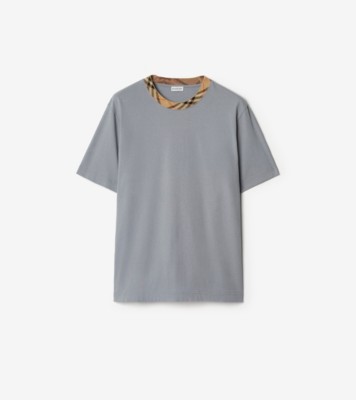 Check Trim Cotton T-shirt in Forecast grey - Men | Burberry® Official