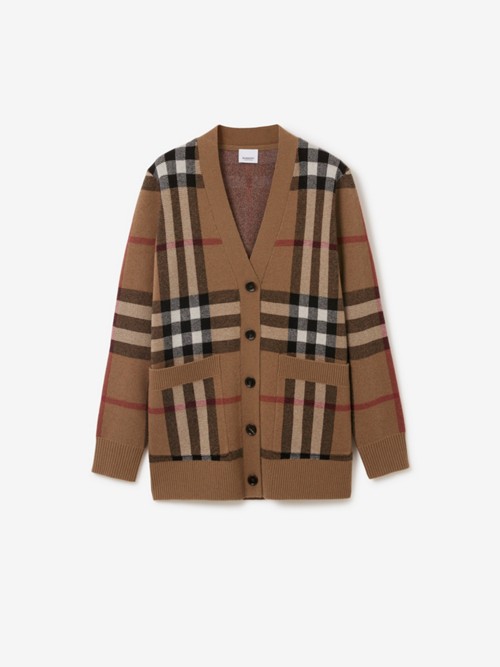 Burberry Check Wool Cashmere Cardigan In Birch Brown
