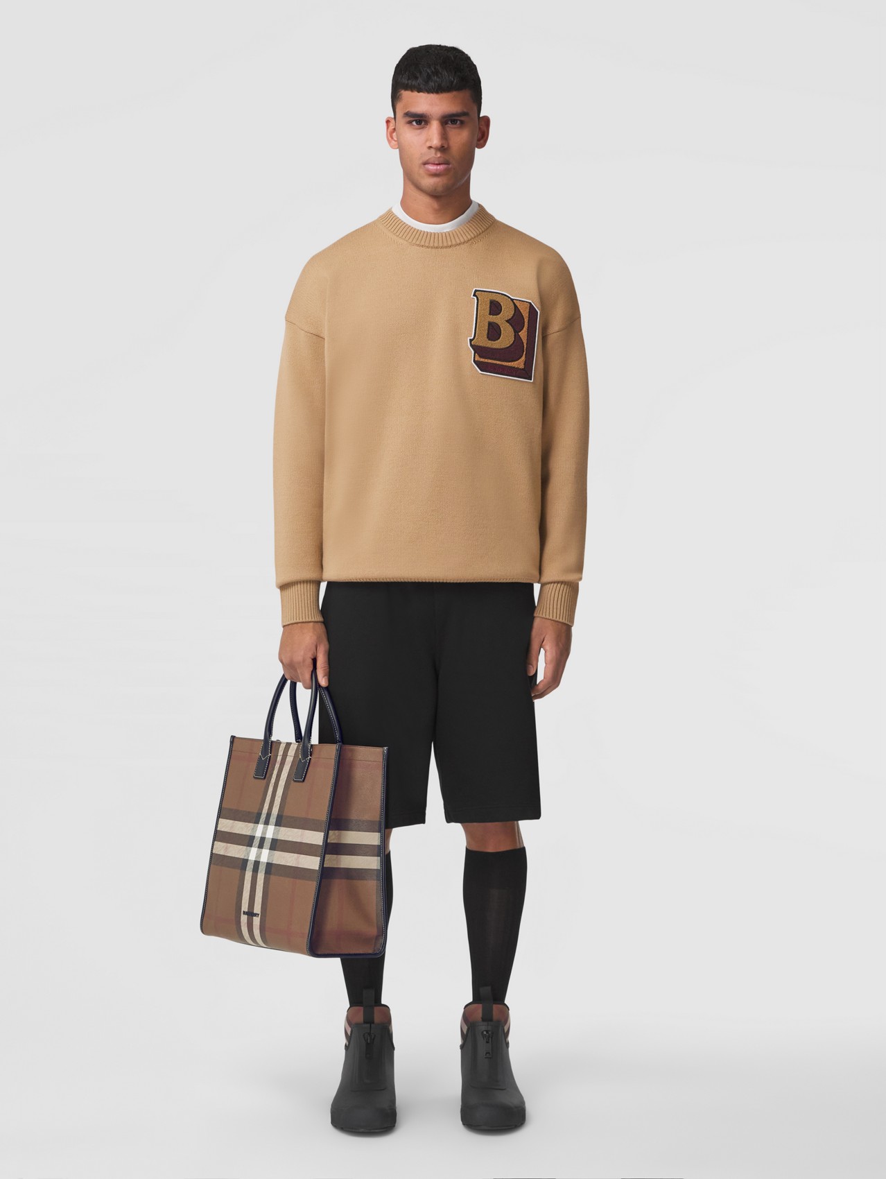 Letter Graphic Wool Sweater in Camel