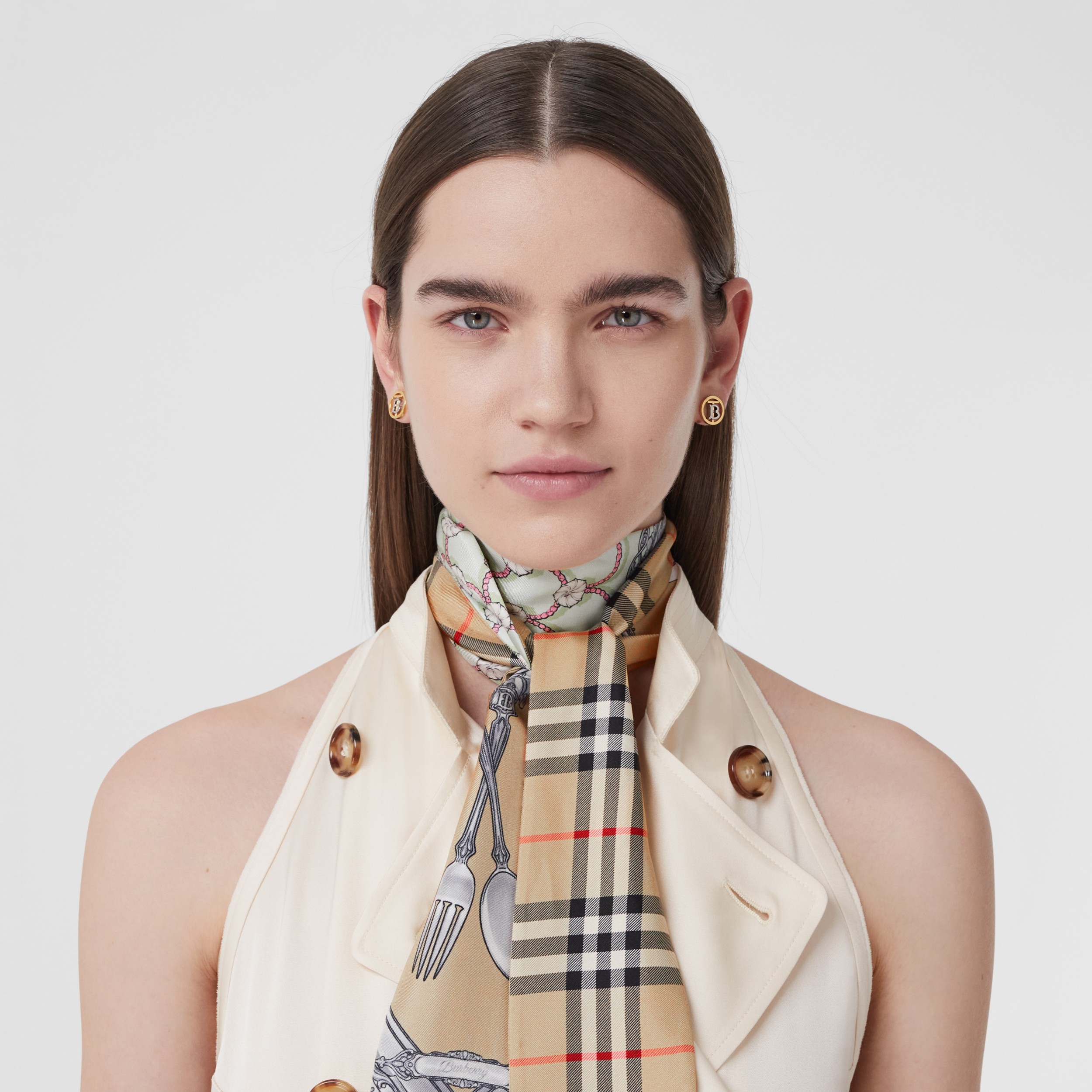 Silverware Print Silk Skinny Scarf in Archive Beige Women Burberry