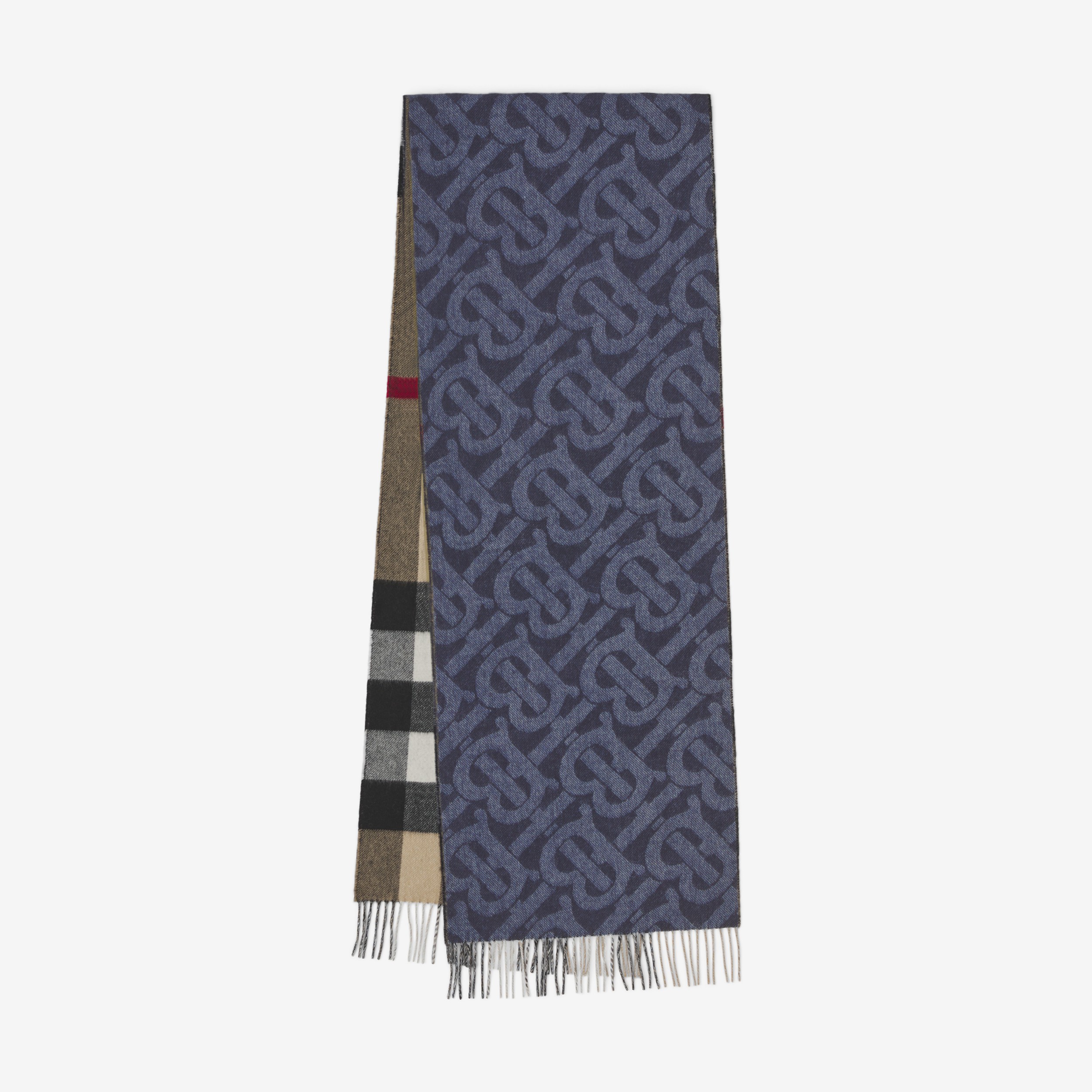 Reversible Check and Monogram Cashmere Scarf in Indigo - Men | Burberry® Official - 1