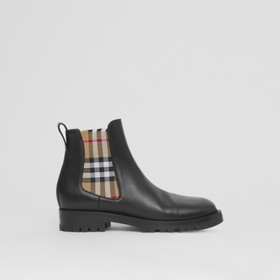 Vintage Check Detail Leather Chelsea Boots in Black - Burberry