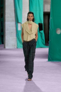 Model wearing pointelle silk crepe scarf top in hemlock and Burberry Check viscose silk cargo trousers in seaweed and inox.