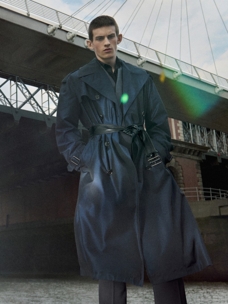 Shot of model wearing the Silk Hoxton Trench Coat from the Winter Runway 2026 collection
